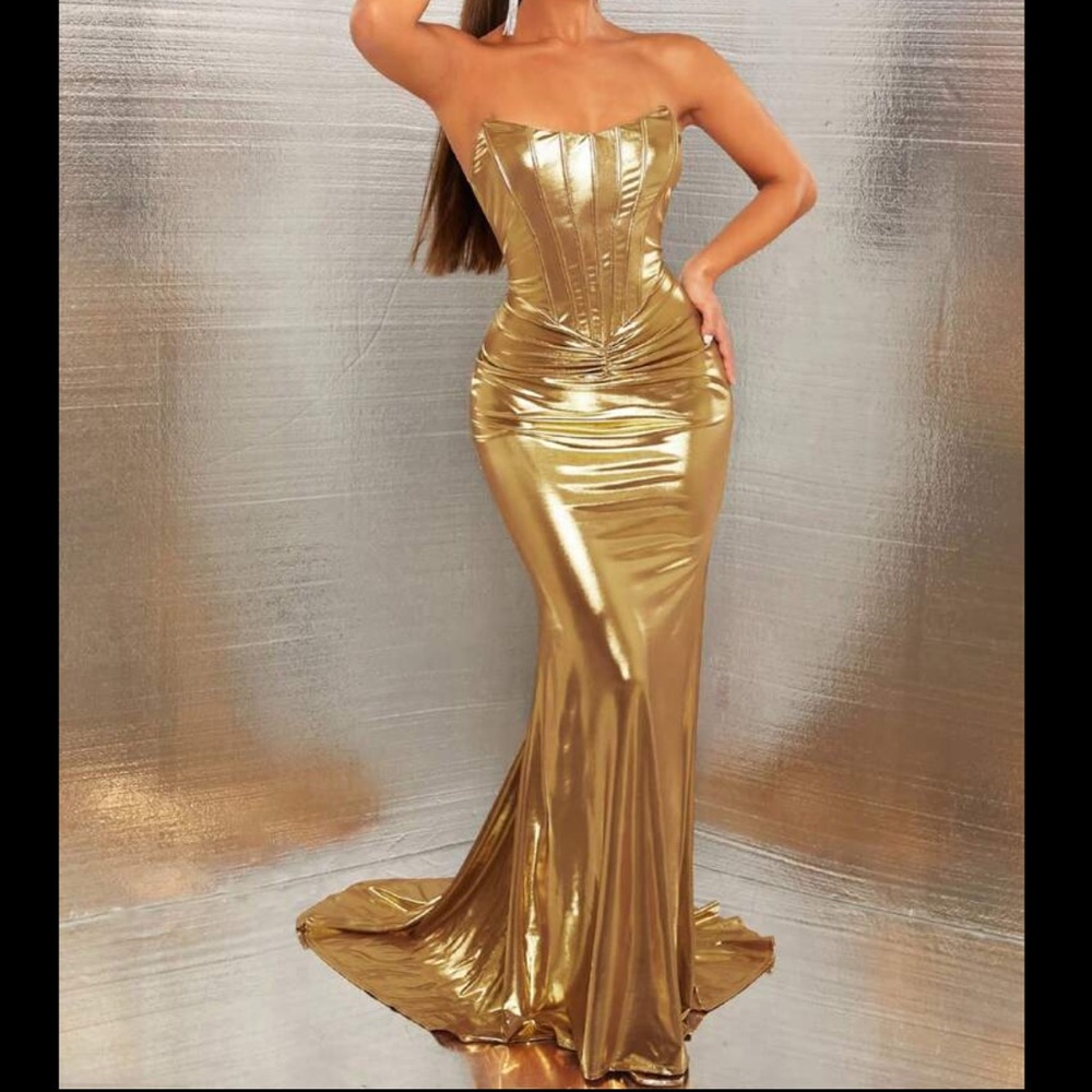 Chrome Gold Strapless Formal Gown Dress